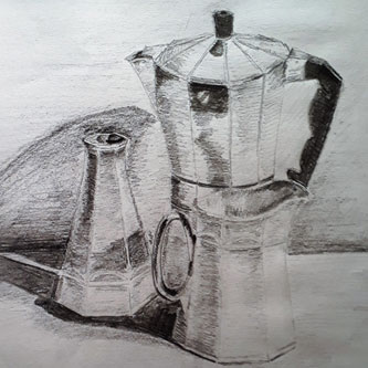 Barbara's drawing sketch still life coffee maker and glass made at Cafe Collective Quay Drawing