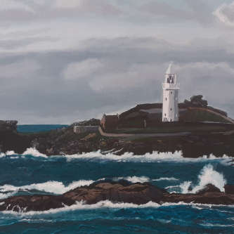 White lighthouse on rocks seascape painting by Avril