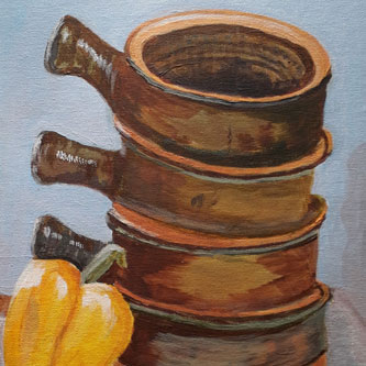 Sue's still life painting pots and pepper acrylic on canvas board made at Barnstaple Baptist Church Quay Drawing